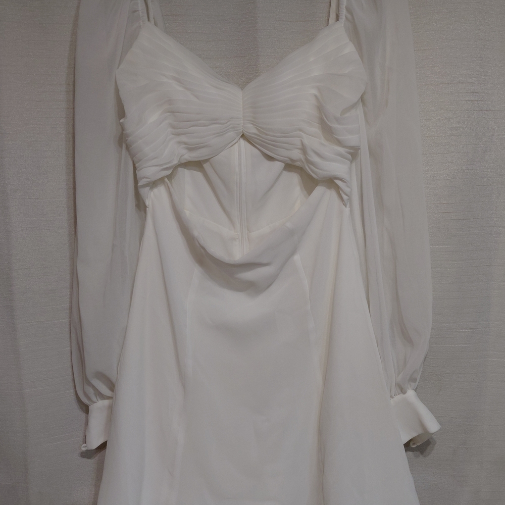 Fame and Partners Ivory Mini Dress with Pleated Bust and Sheer Sleeves